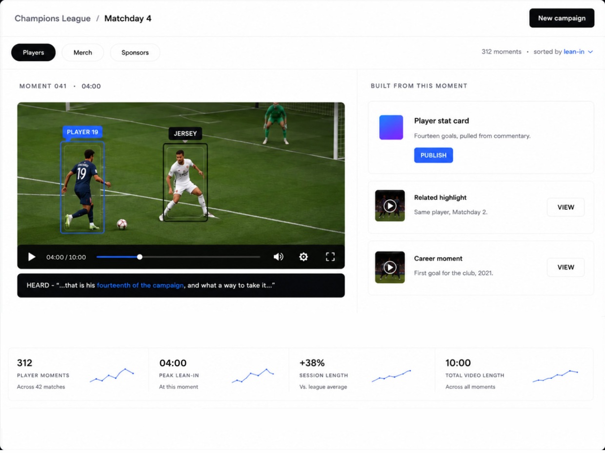 FanEase League view: a Champions League moment with the player identified and a stat card built from the commentary.
