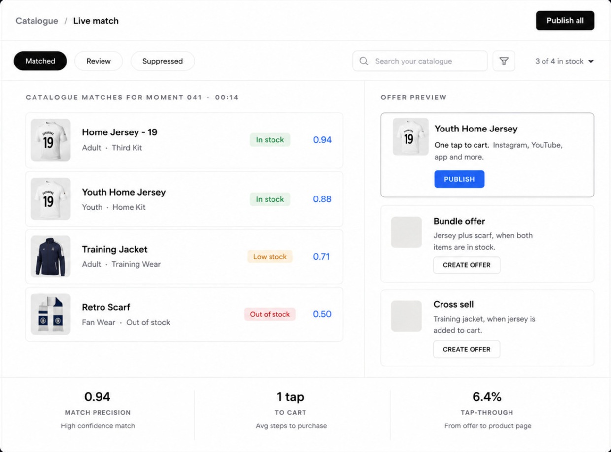 FanEase Catalogue view: an on-screen jersey matched to live inventory.